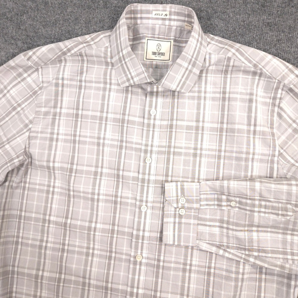 Todd Snyder Dress Shirt Mens 17.5-34/35 Gray White Plaid 100's 2-Ply Cotton‎